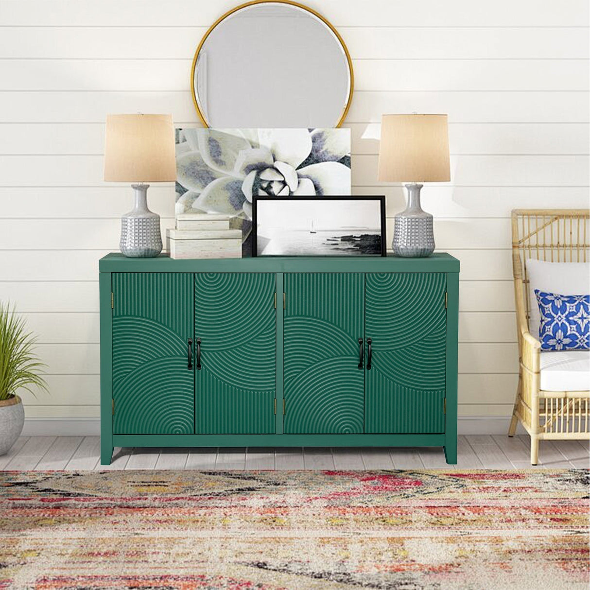 59in Green Accent Cabinet with 4 Doors Mid Century Modern Pantry Cabinet