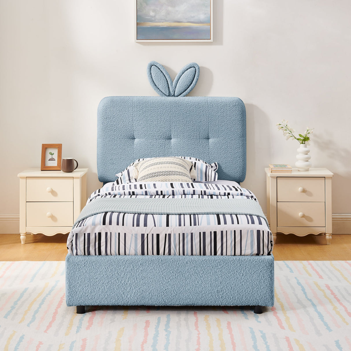 Twin Size Kids Upholstered Bed with Oversized Rabbit Ear Headboard, LED Light & 4 Storage Drawers, Boucle Fabric (79.5''X40.75''X41'')