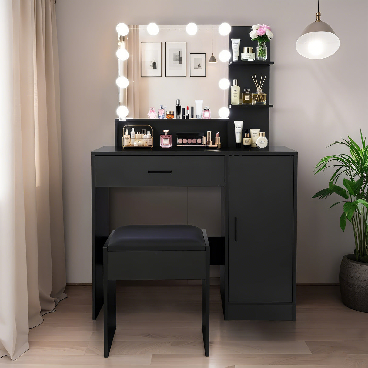 Black-Makeup-Vanity-Desk-with-LED-Mirror,-Adjustable-Dimming-Vanity