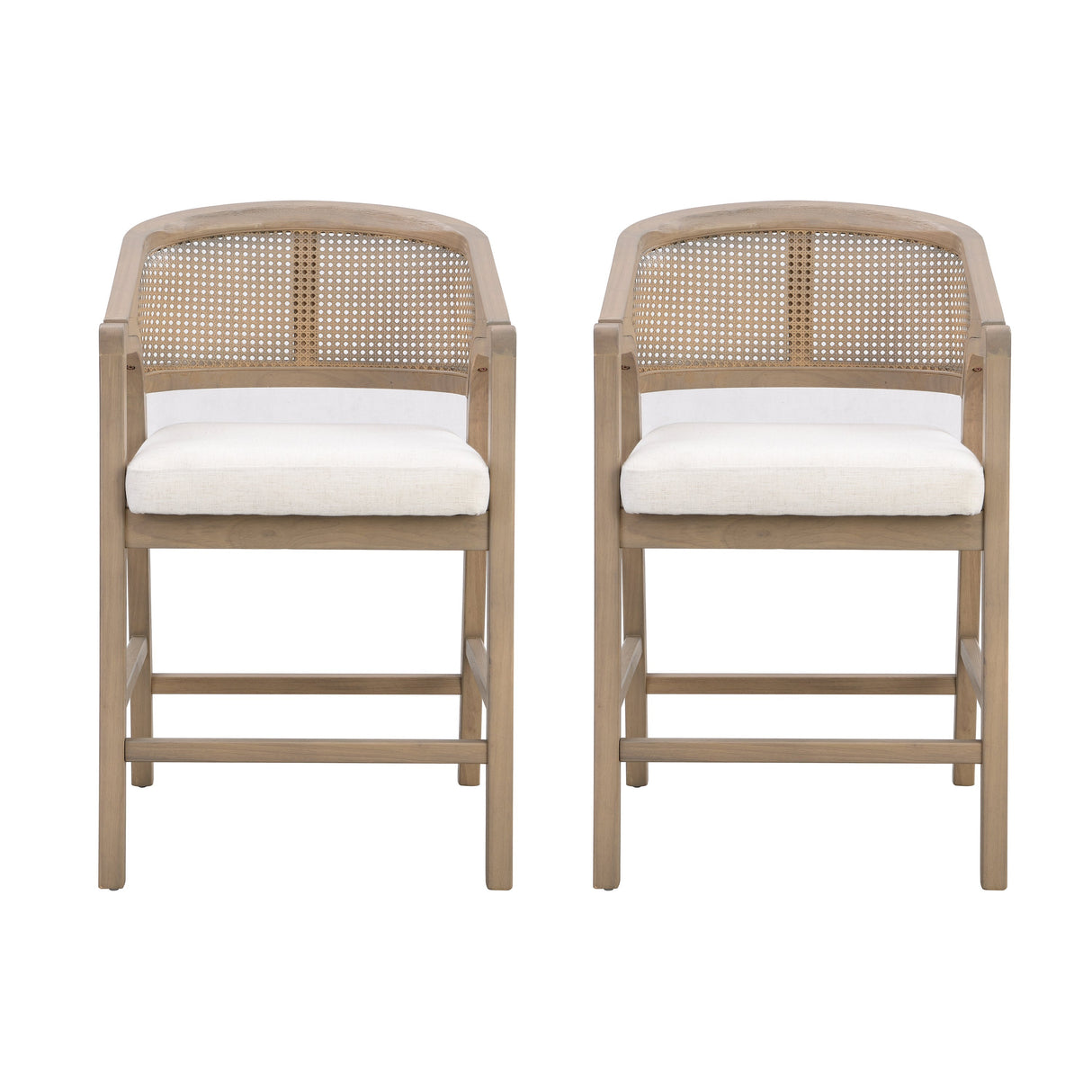 Wooden Frame Counter Stool With Rattan Back - Set of 2