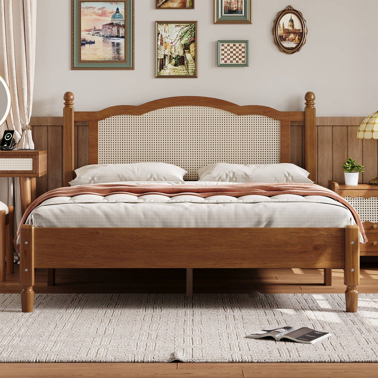 Queen Size Wooden Platform Bed with Natural Rattan Headboard