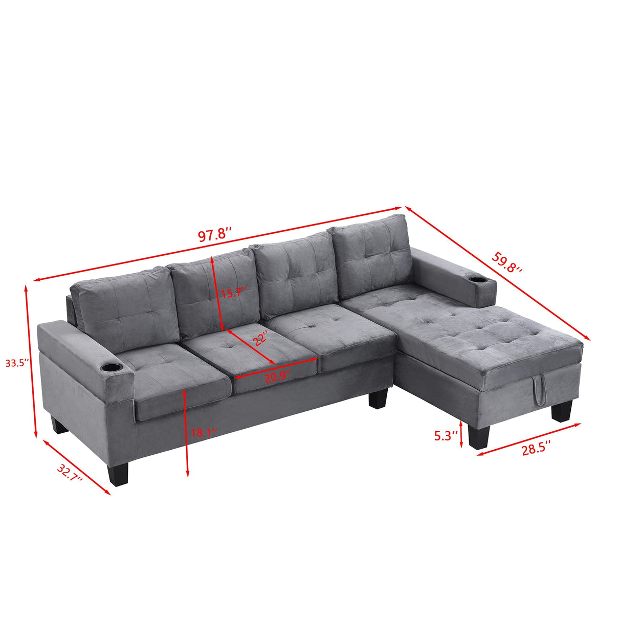 Modern Sectional Sofa Set with L Shape Chaise Lounge and Storage