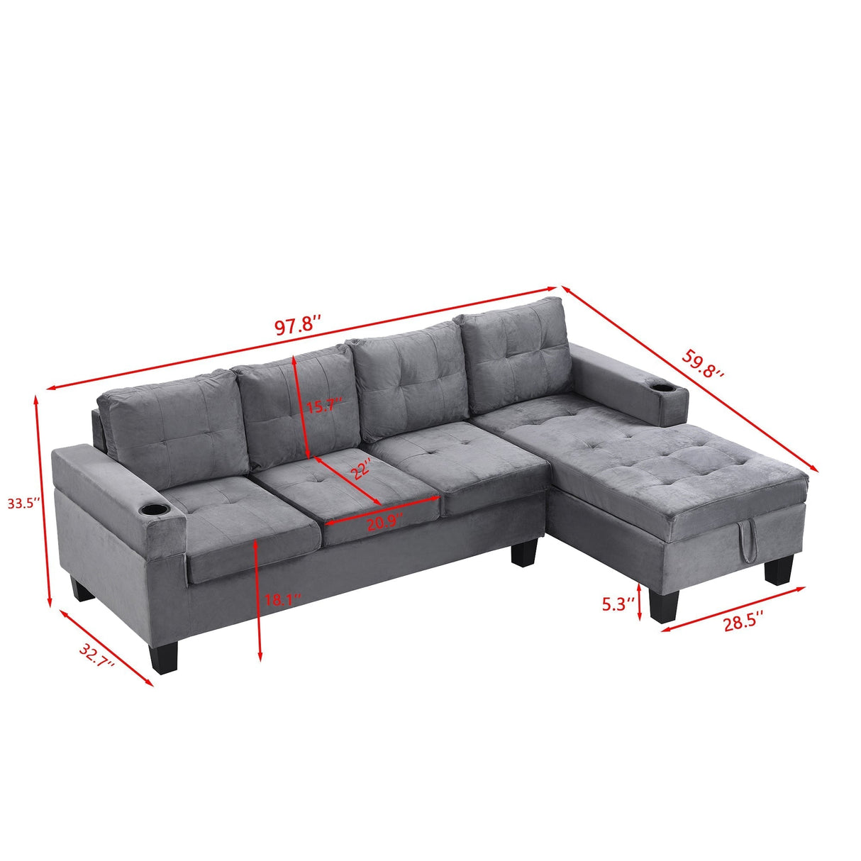 Modern Sectional Sofa Set with L-Shape Chaise Lounge and Storage