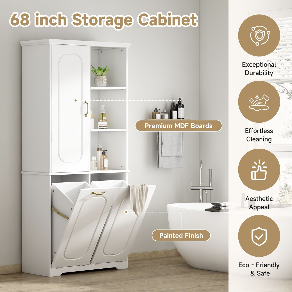 Freestanding Tall Storage Cabinet With 2 Tilt Out Hampers, Adjustable Shelves, Soft Close Door, Door Mounted Organizer - White