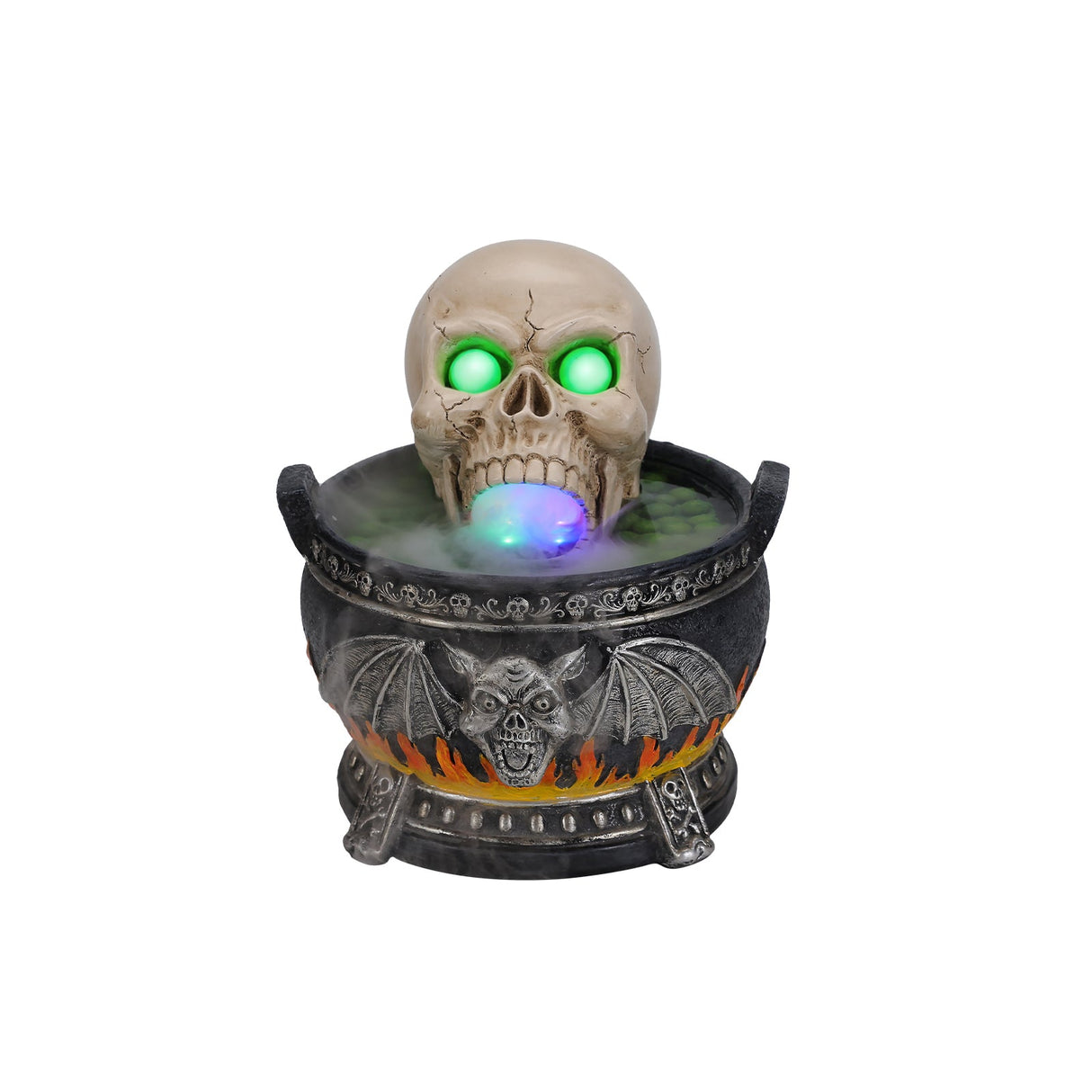 Halloween Skull Cauldron Statue with LED Light and Smoke Fog Effect
