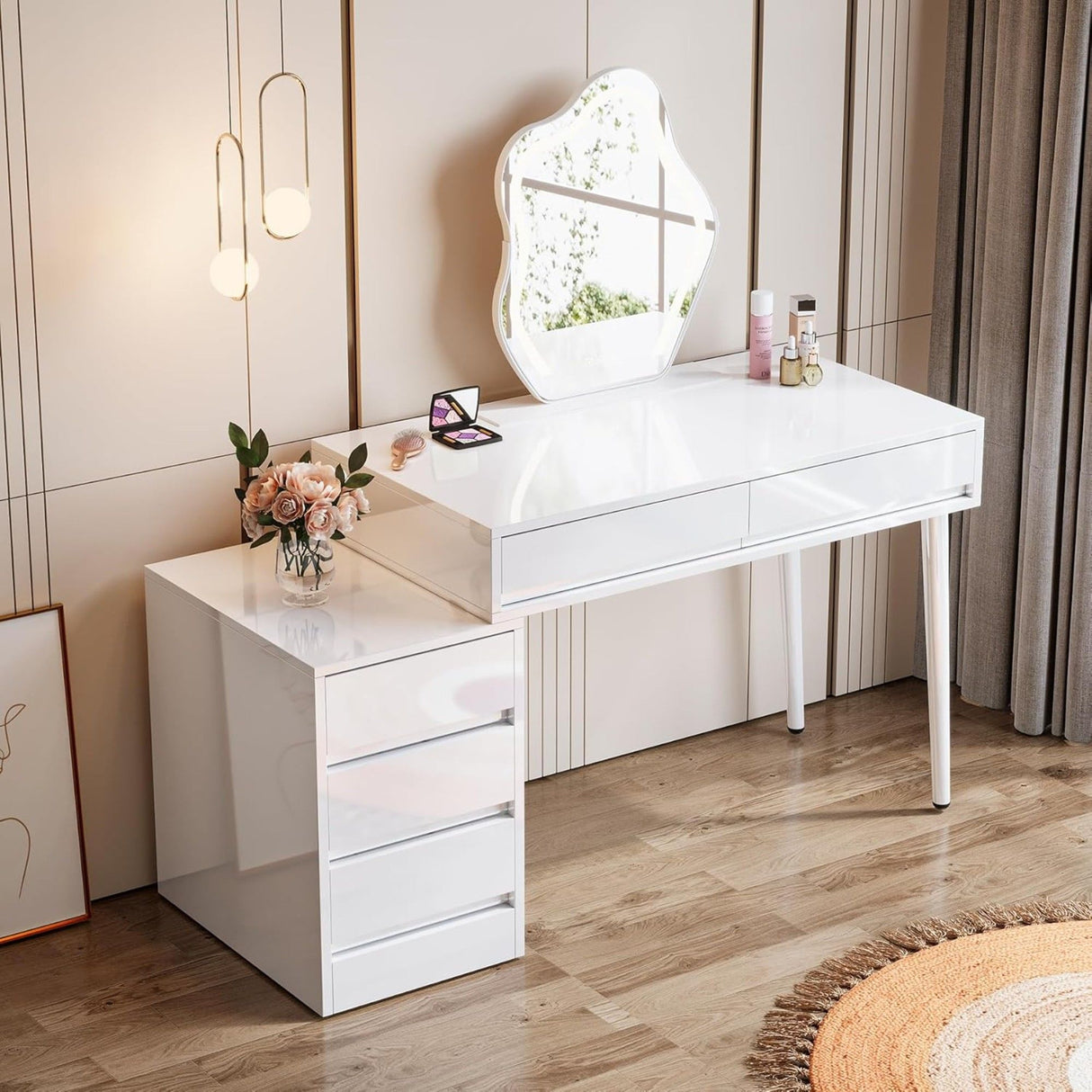 Glossy Desk With 5 Drawers & Printer Stand, Reversible Home Office Computer And Vanity Table For Small Spaces - White