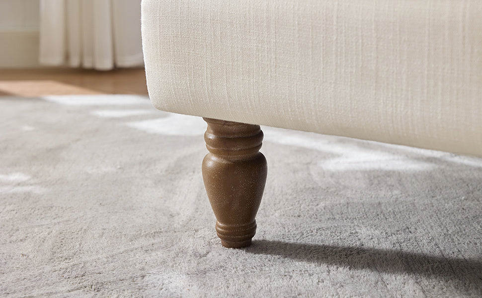 Vintage Upholstered Linen Fabric Armchair with Antique Solid Wood Legs