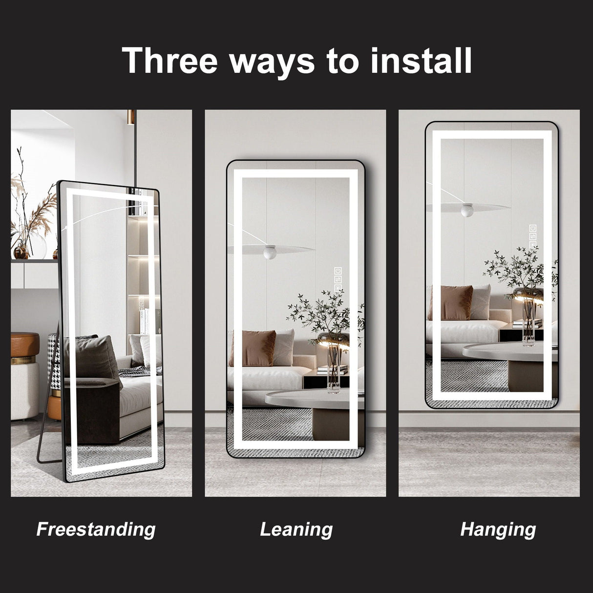 Full-Length Vertical Mirror With LED Light, Dimming Wall Mirror With Frame