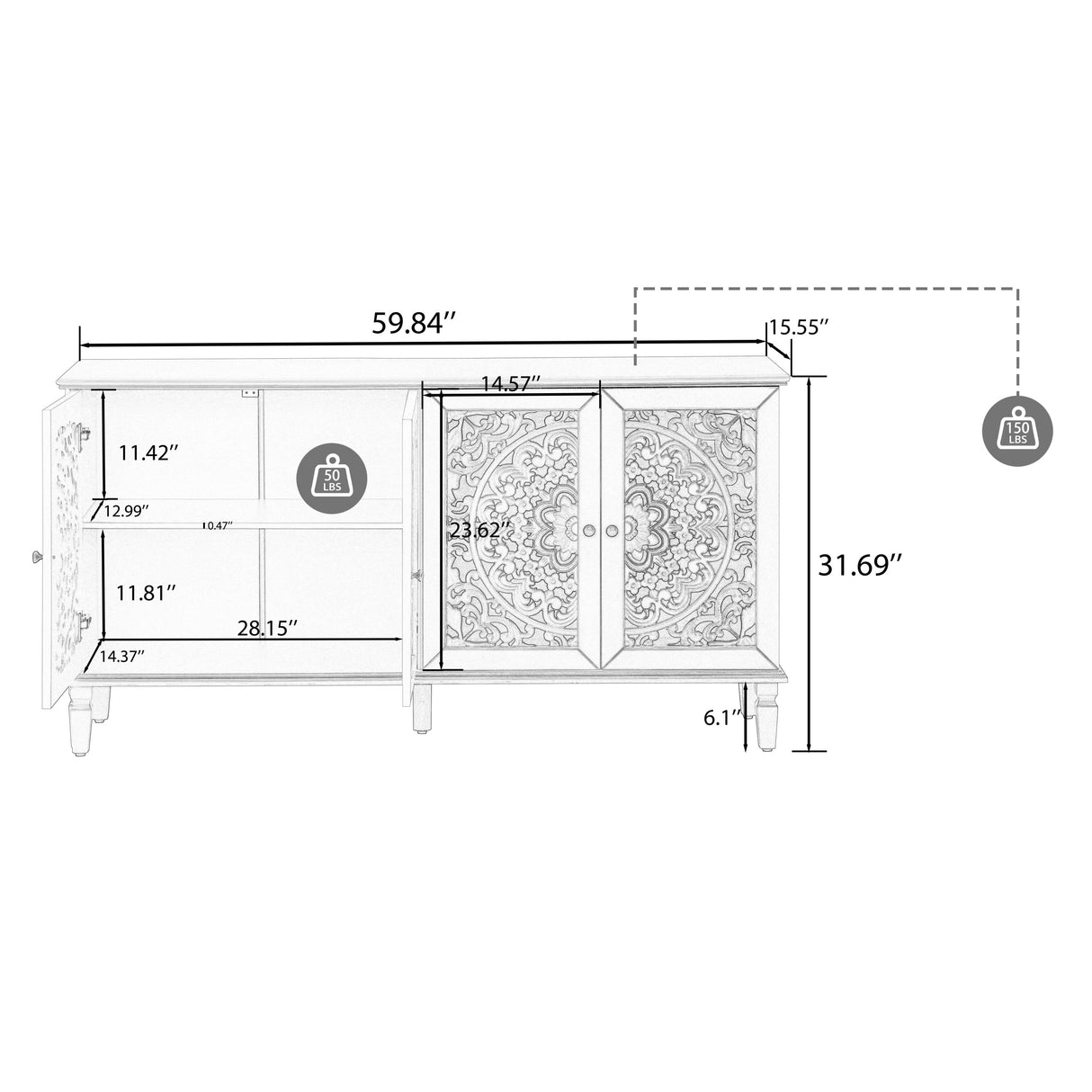 60' Antique Buffet Cabinet with Floral Carvings