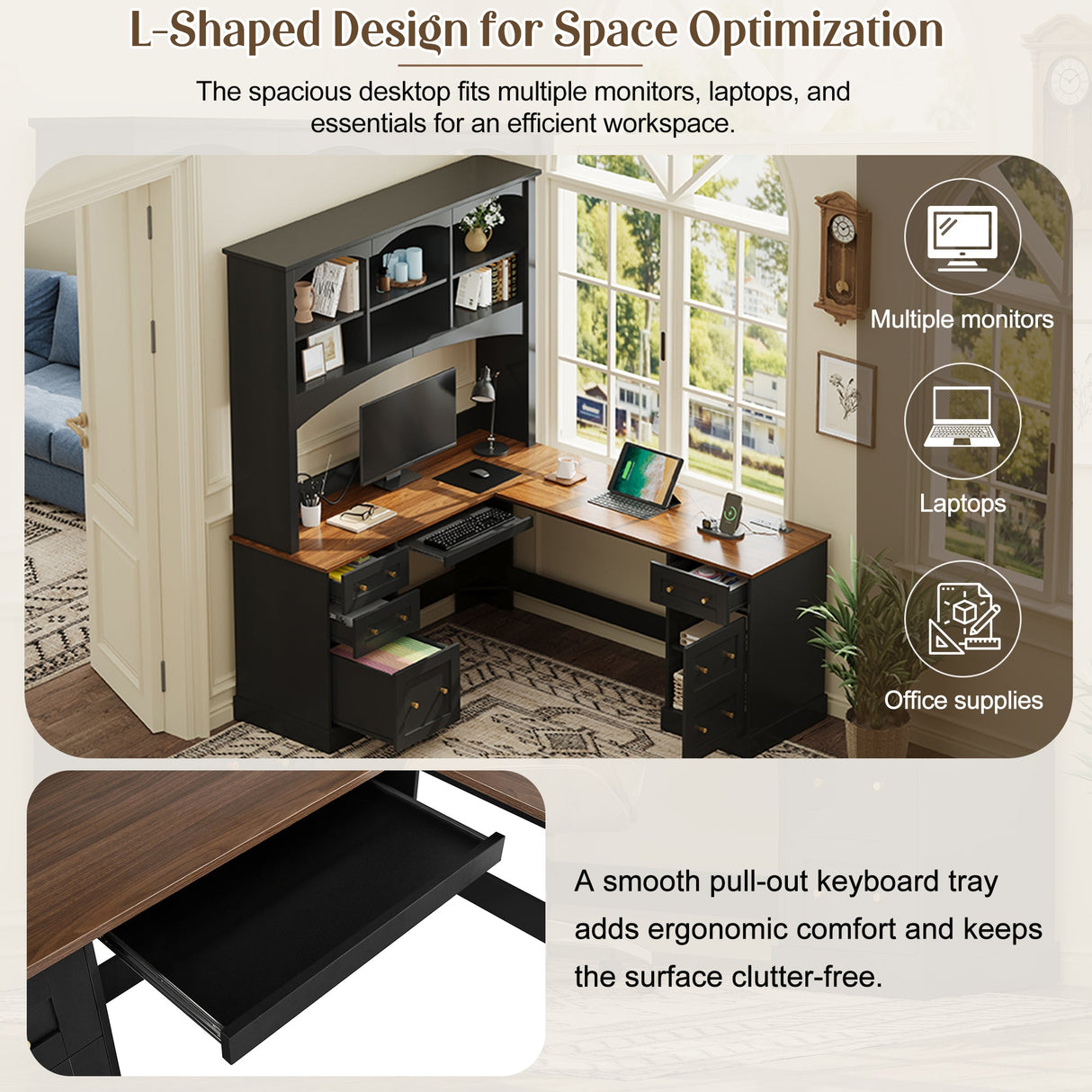 Space-Saving L-Shaped Computer Desk with Keyboard Tray & Charging Stations