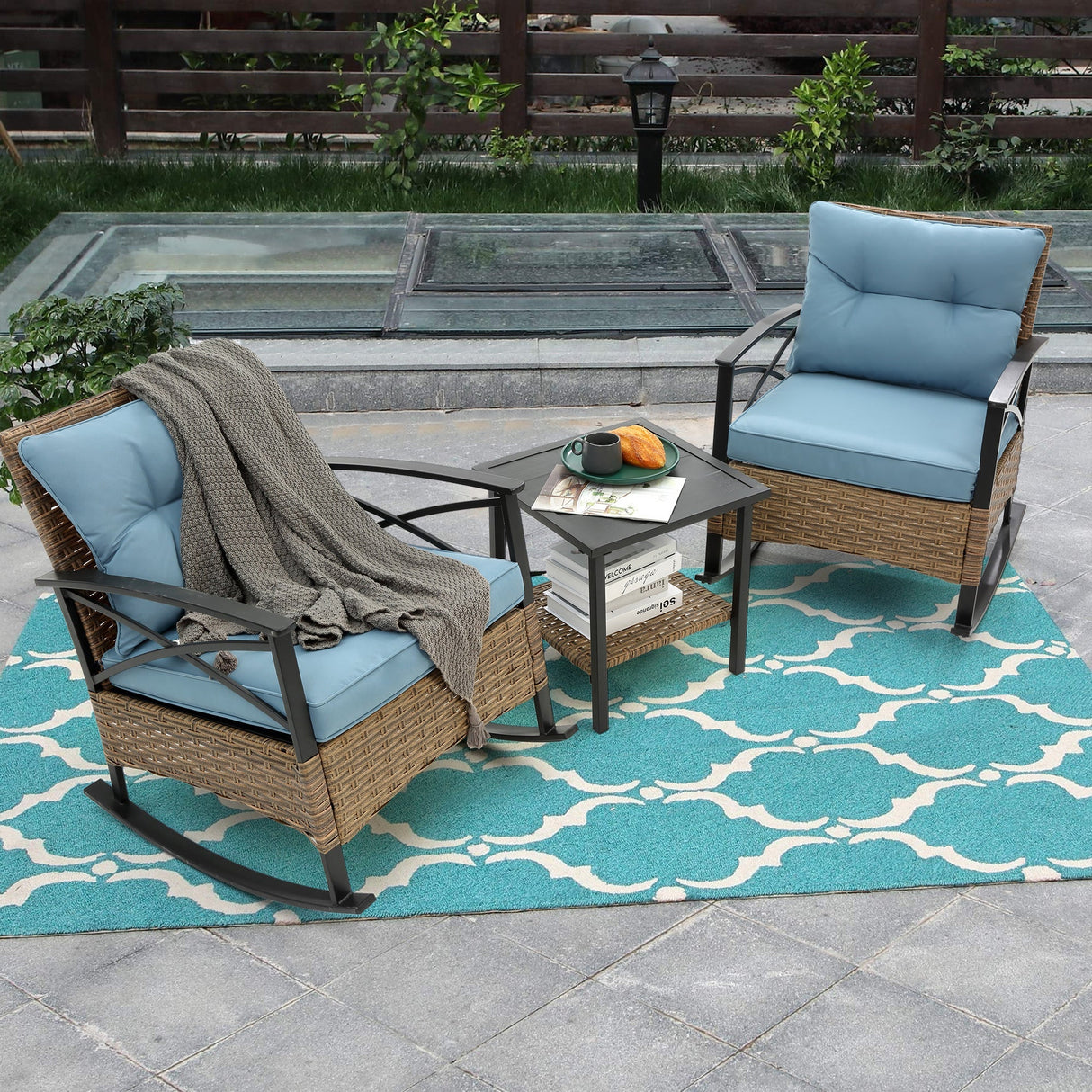 3pcs Rocking Rattan Chair Set in Grey