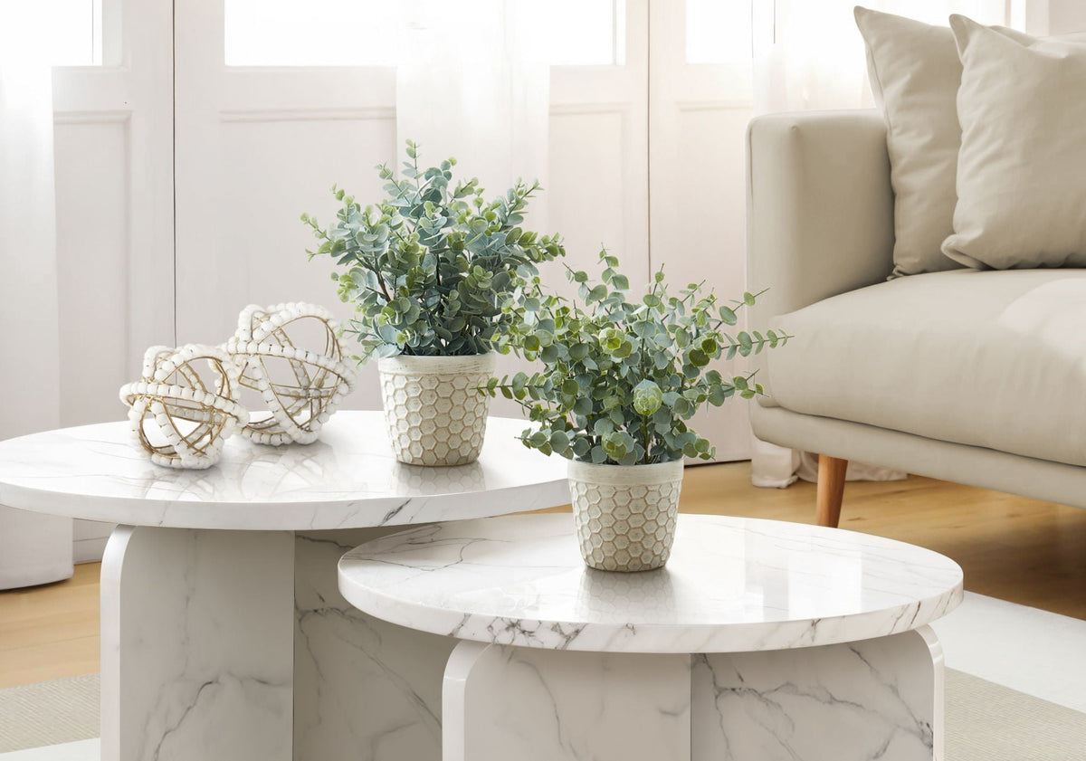 13" Tall, Artificial Plant, Eucalyptus Grass, Indoor, Faux, Fake, Table, Greenery, Potted, Decorative (Set of 2) - Green / White