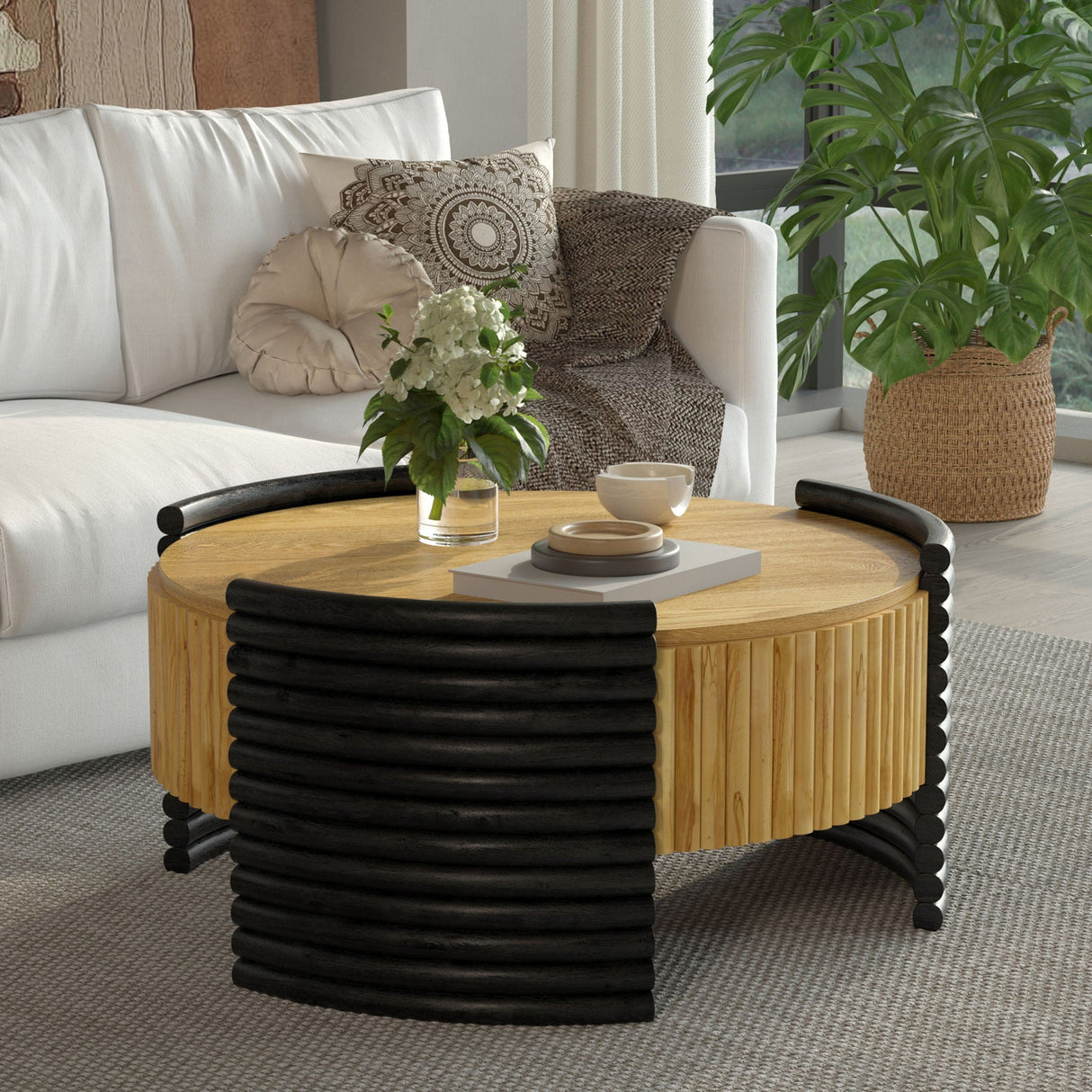 Modern Colorblocked Striped Coffee Table With Flip Top Storage