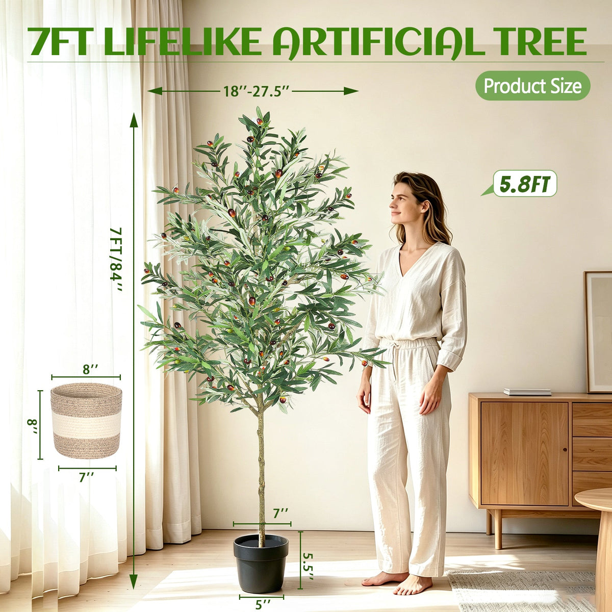 7FT Artificial Olive Tree Indoor Tall Faux with Planter & Basket