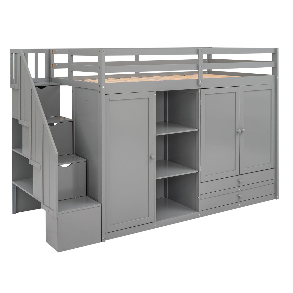 Loft Bed With 3 Shelves, 2 Wardrobes, 2 Drawers, Ladder Storage