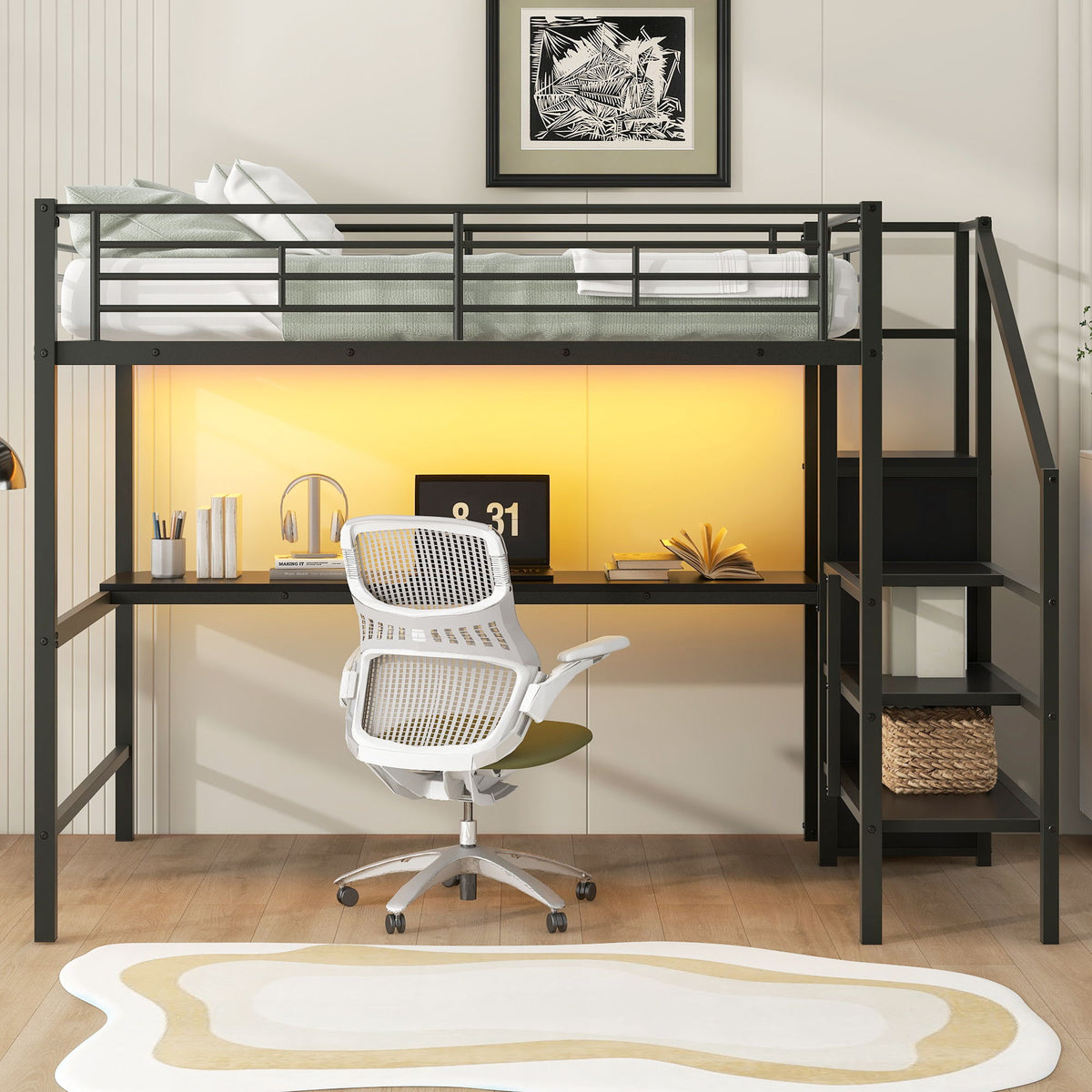 Full Size Loft Bed With Desk, Storage Staircase, Small Wardrobe And LED Light - Black