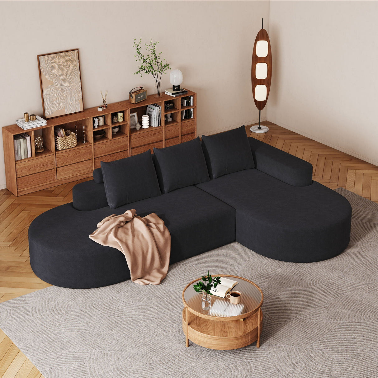 Modern Curved Sofa, L-Shaped Modular Sectional Set With 3 Pillows
