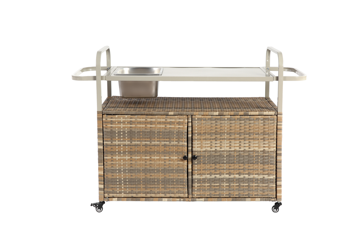 Outdoor Bar Table with Wicker Cabinet and Steel Top