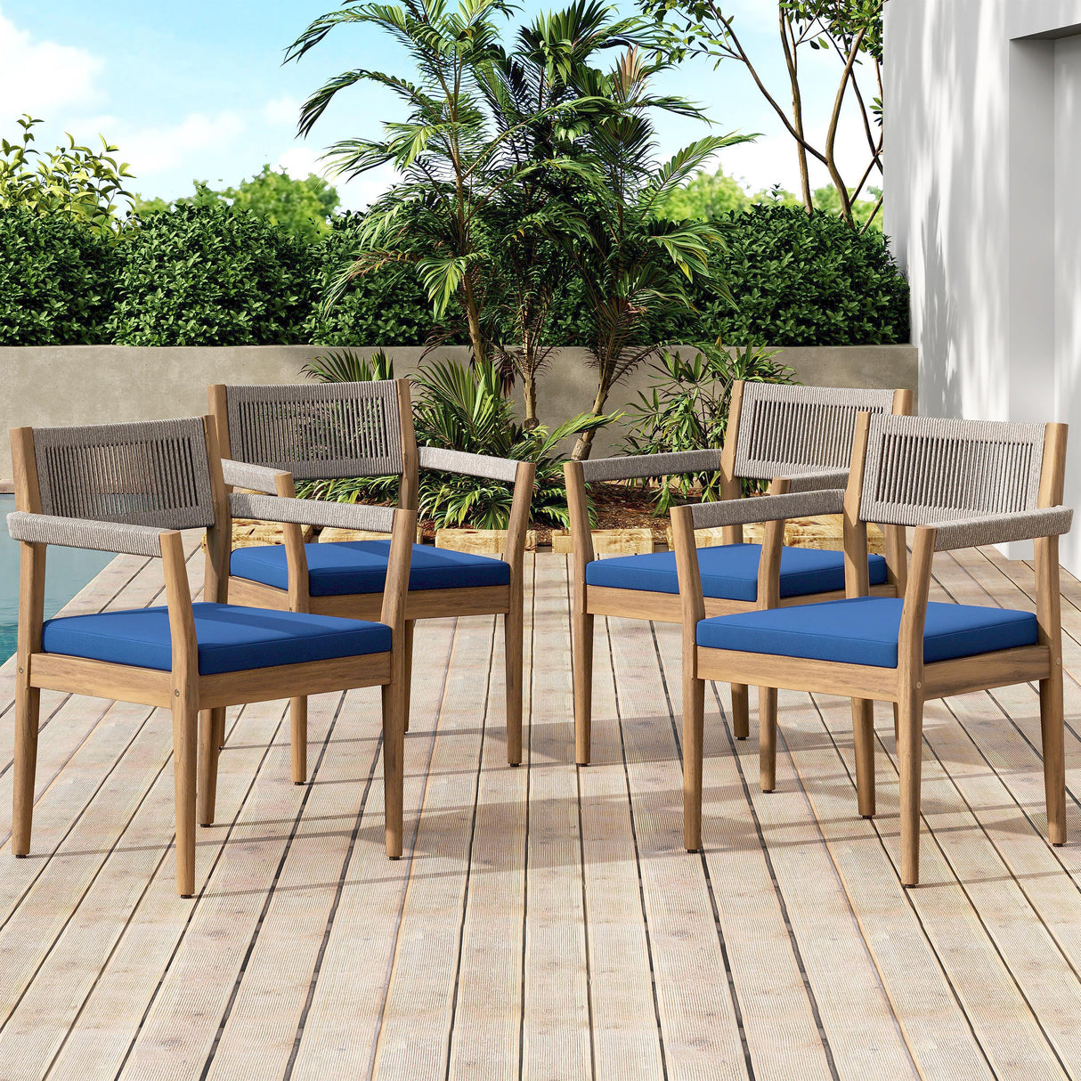 Braided Acacia Wood Outdoor Dining Chairs Set of 4