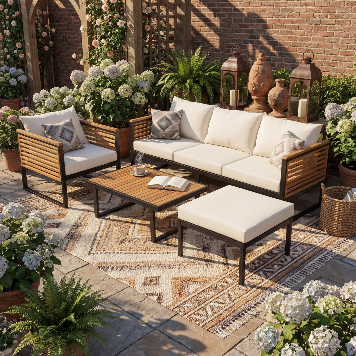 Outdoor 4-Piece Acacia Wood and Metal Patio Sofa Set