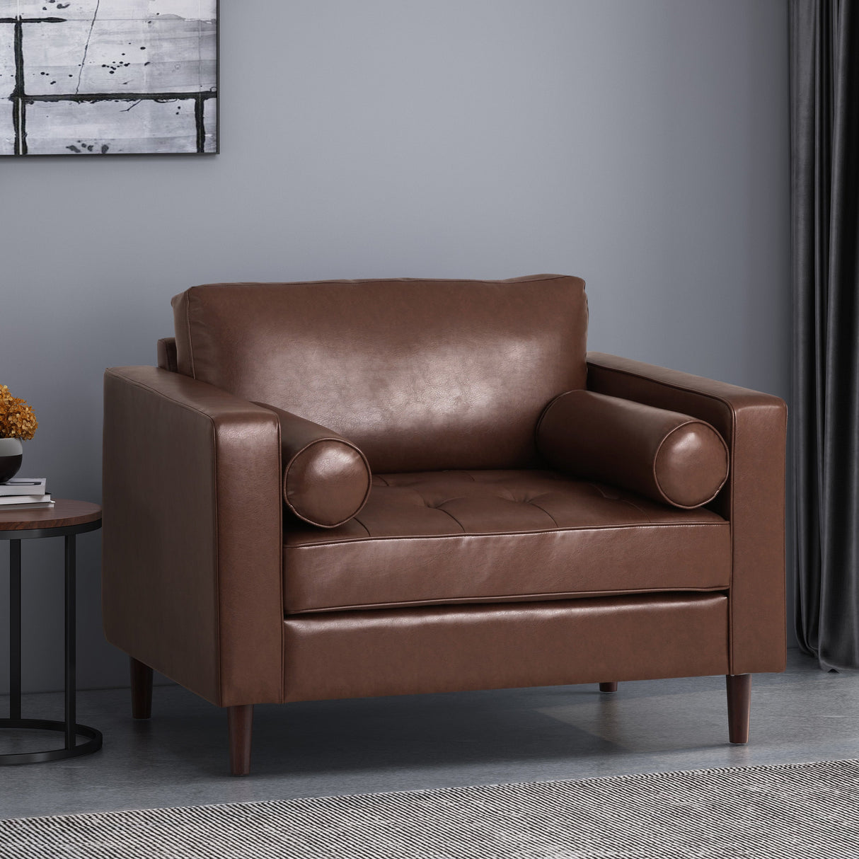 Sophisticated Club Chair with Relaxing Comfort in Dark Brown Faux Leather and Birch Wood