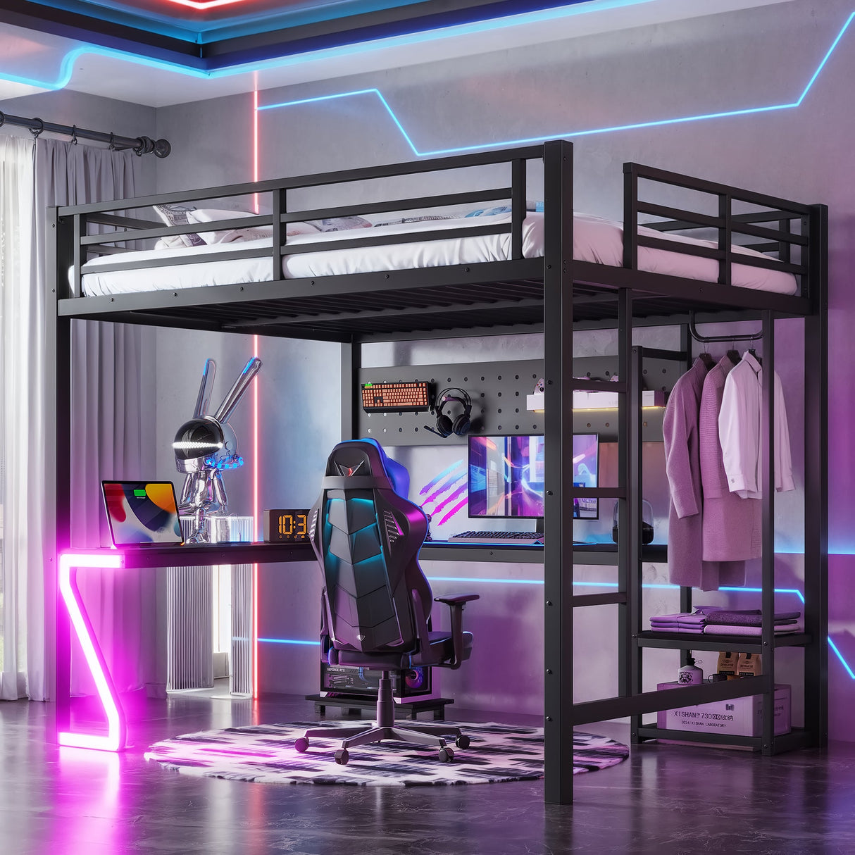 Queen Loft Bed with L-shaped Desk and USB Ports