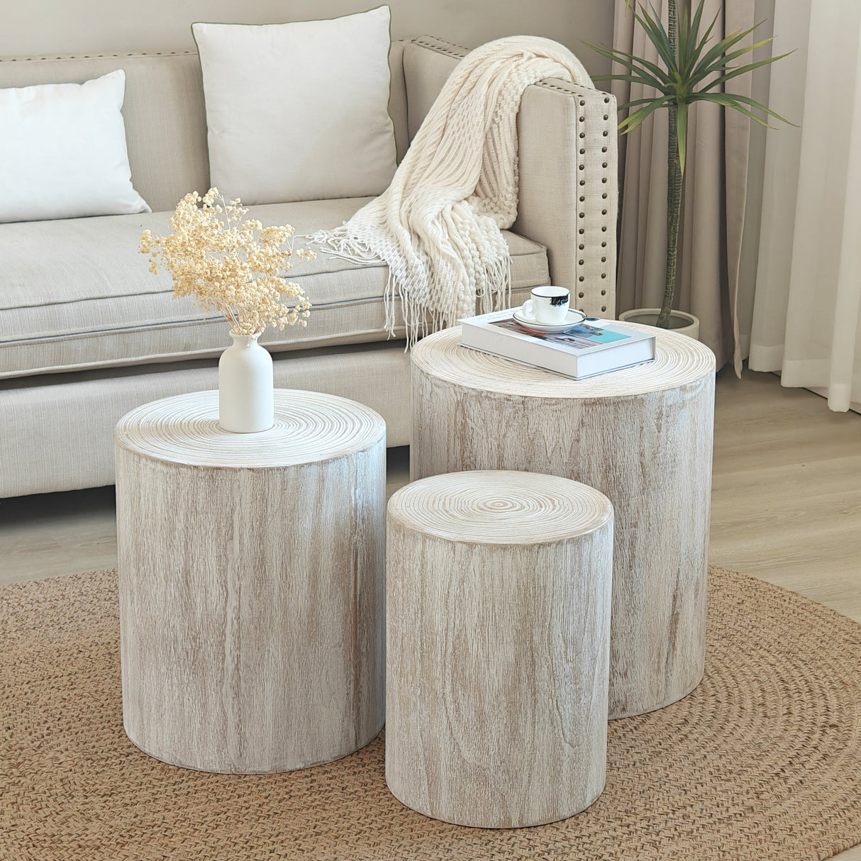 Set of 3, Rounded Wood Coffee Tables, End Tables, Plant Stands,Decorative Accent Pieces - Whitewashed Wood Finish