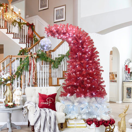 6FT-Hinged-Fir-Artificial-Fir-Bent-Top-Christmas-Tree,-Santa-Hat-Style--300-LED-Lights-Christmas-Tree