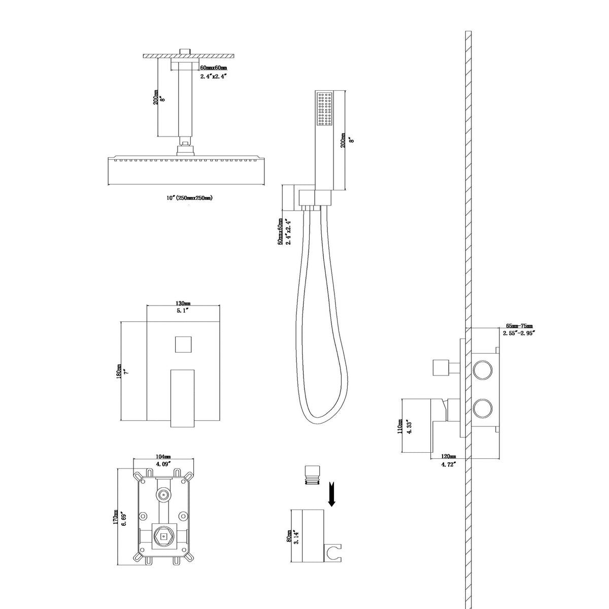Dual Shower Head System with Ceiling Mount and Rough-In Valve - Pearl Silver, Black, or Gold