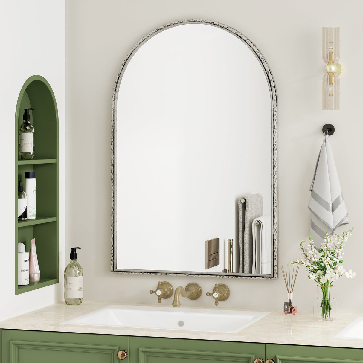 Arched Silver Wall Mirror with Tempered Glass Metal Frame
