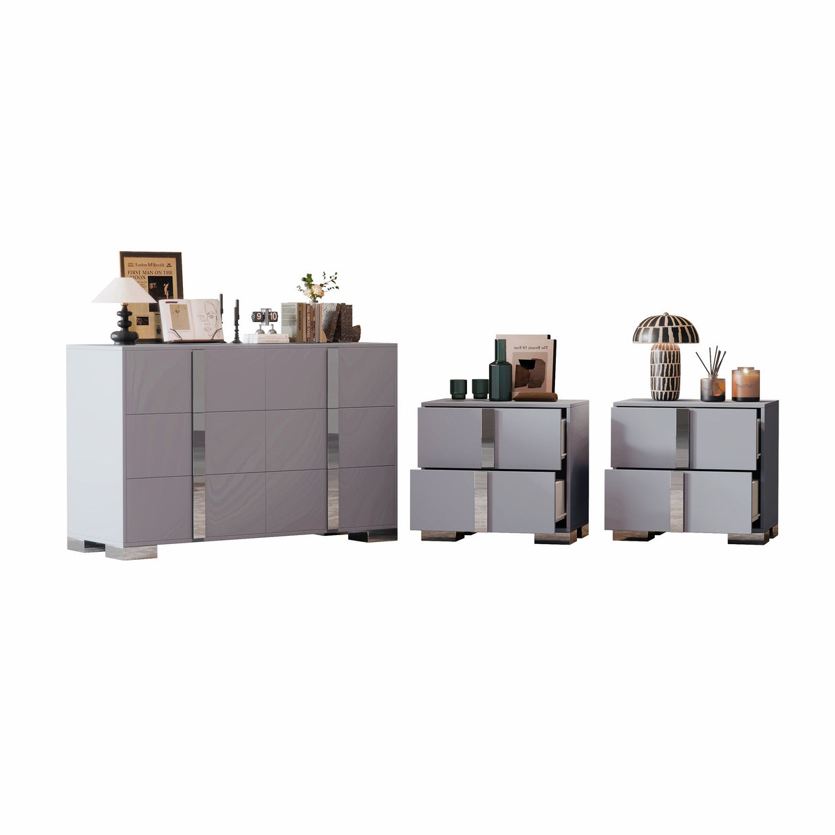 3-Pieces Sets, Elegant 6 Drawers Dresser and Two Nightstands