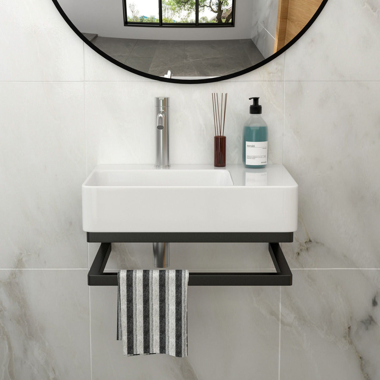 Wall Mounted Rectangular Bathroom Sink With Towel Bar And Faucet Hole - White