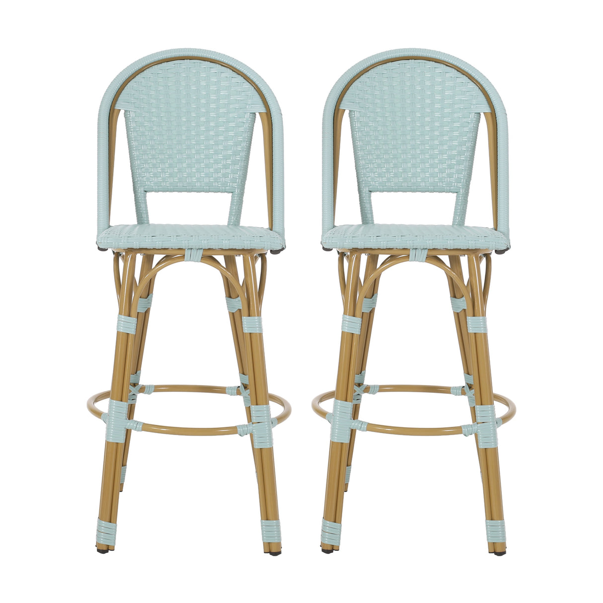29.5' Outdoor PE Rattan and Aluminum French Barstools, Set of 2