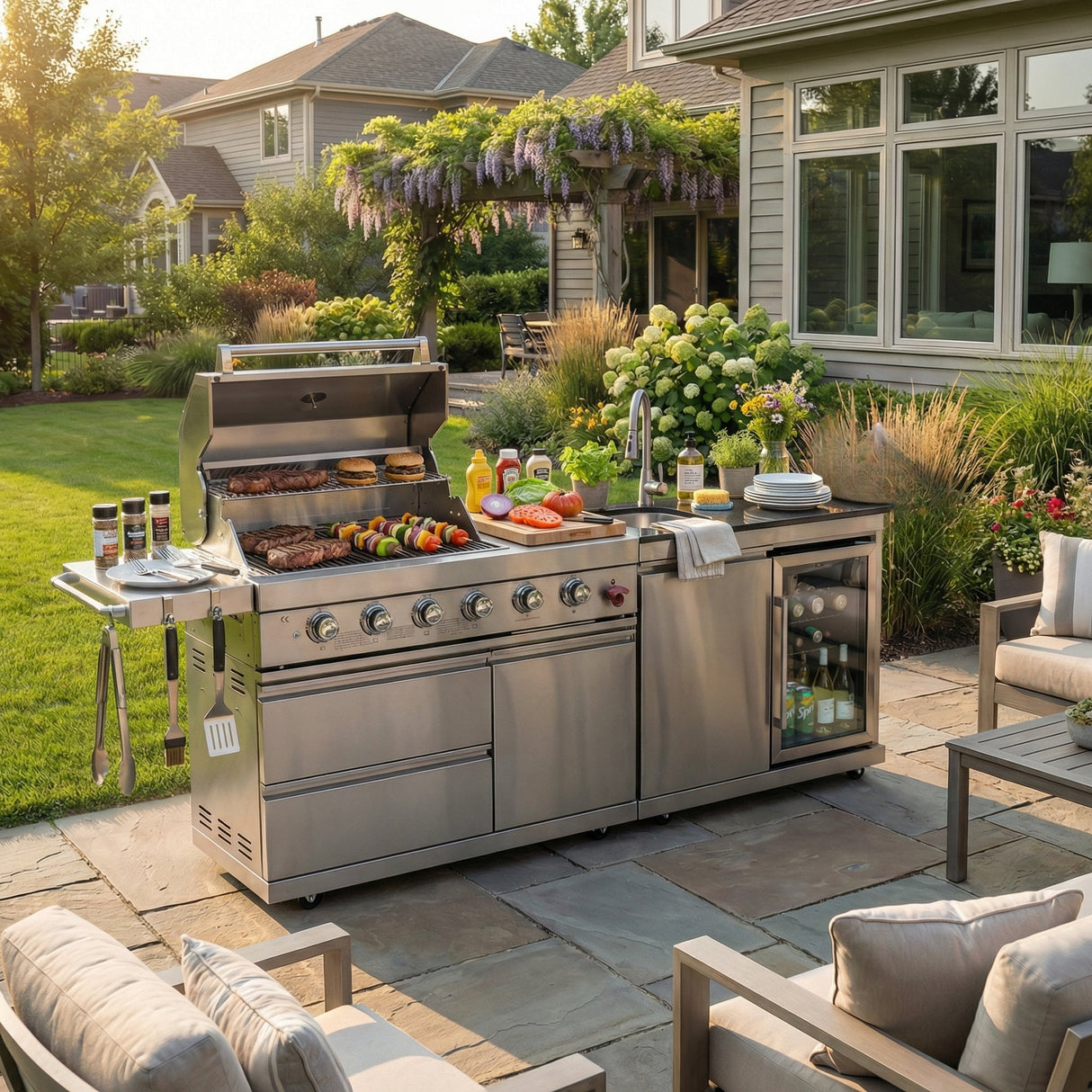 84-Inch Deluxe Stainless Steel Outdoor Kitchen Barbecue Island Grill
