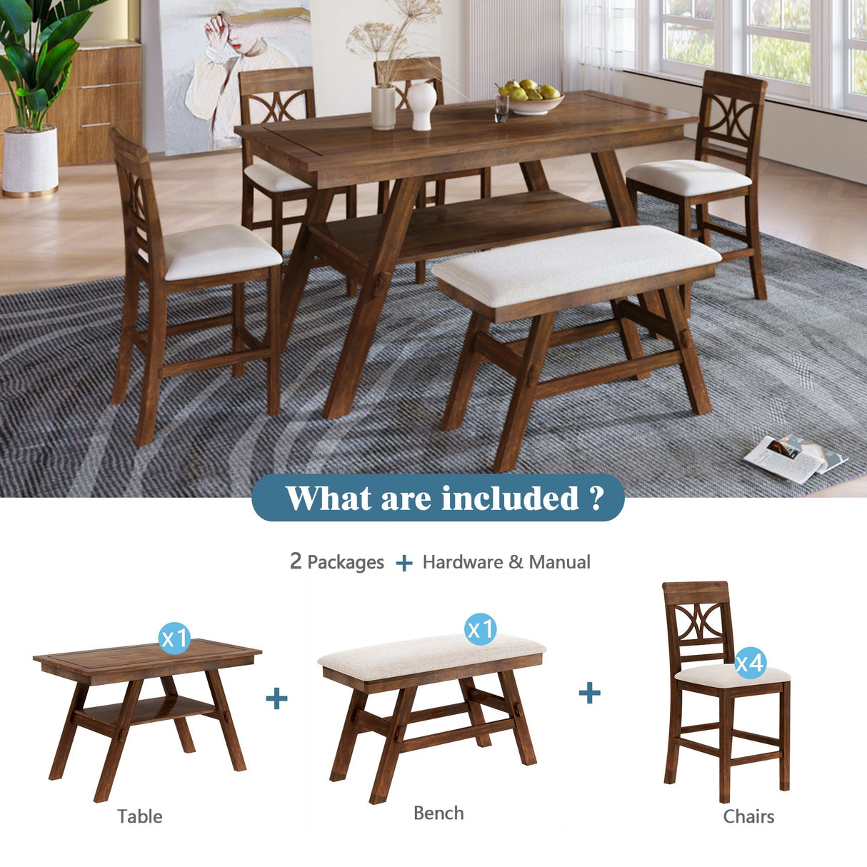 Charlie Walnut Farmhouse Counter Height 6-Piece Dining Set