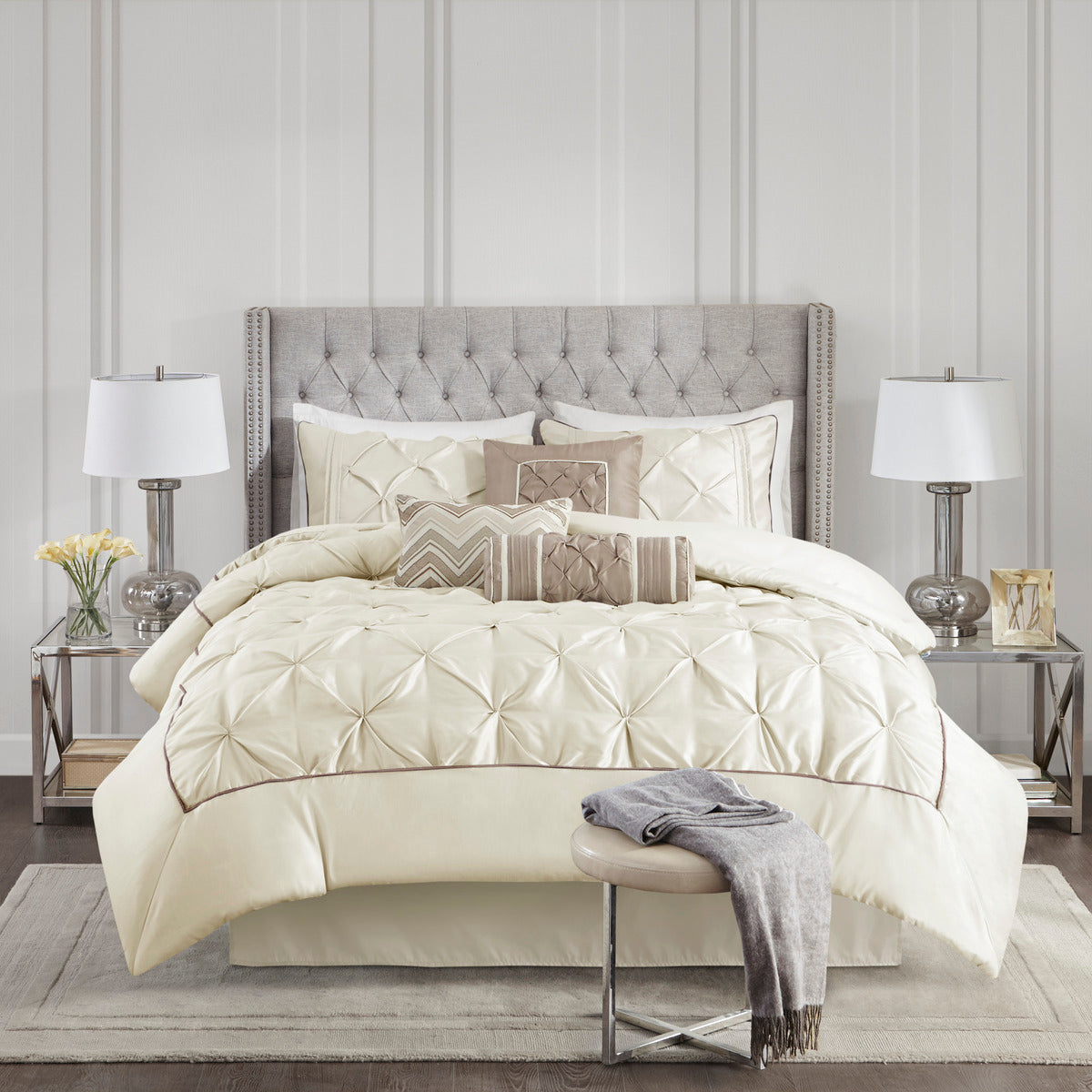 7 Piece Tufted Comforter Set Ivory Cal King
