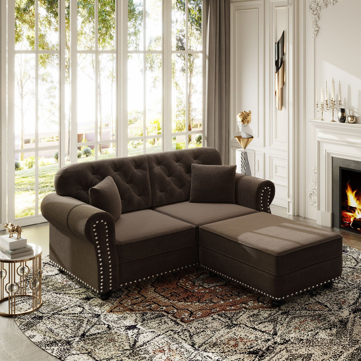 Upholstered Sofa Set With Nailhead Trim and Rolled Armrests, Includes Pillows