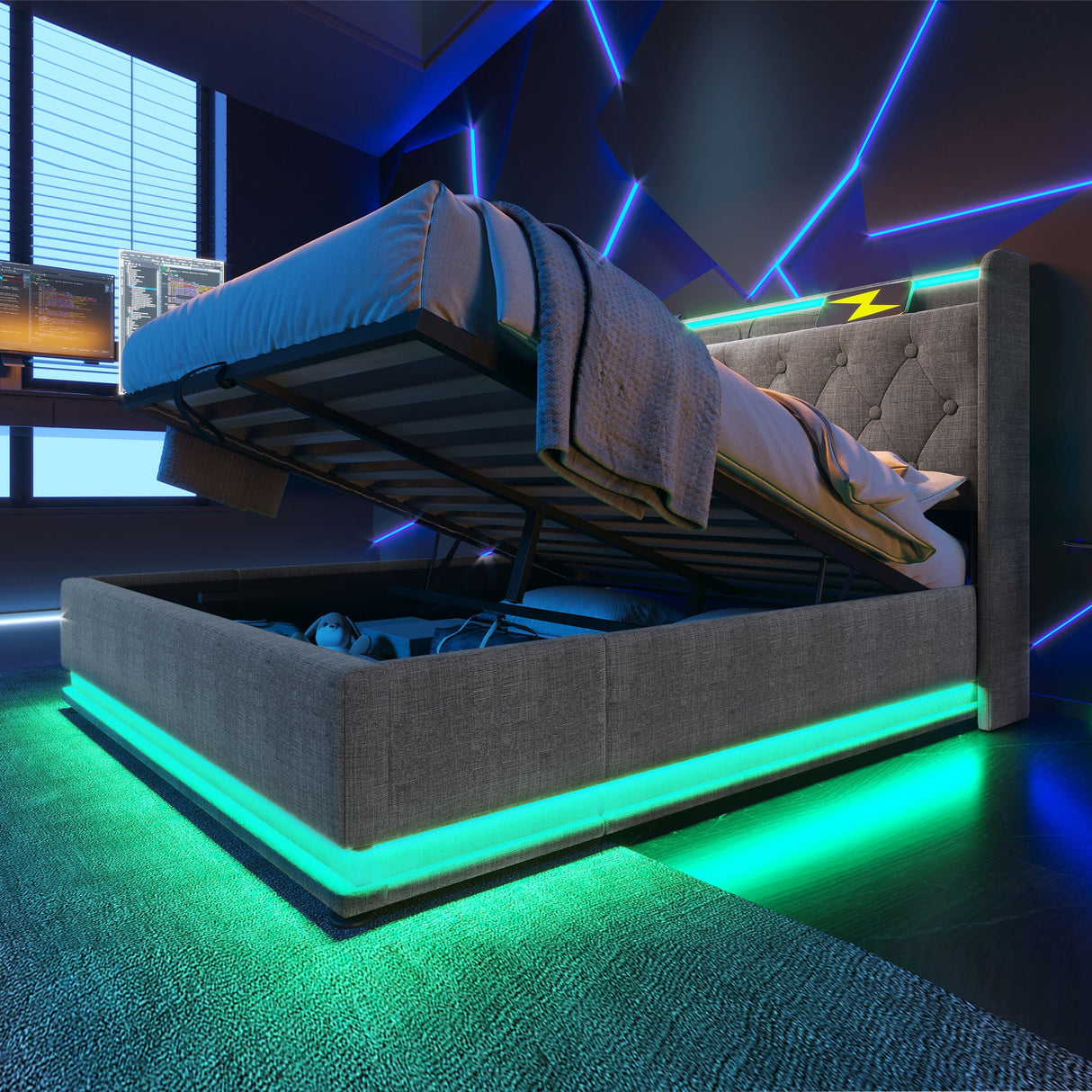 Upholstered Bed, 360 Surround LED Function, Remote Control, Hydraulic Storage Bed With USB, Type-C Charging (Without Mattress)