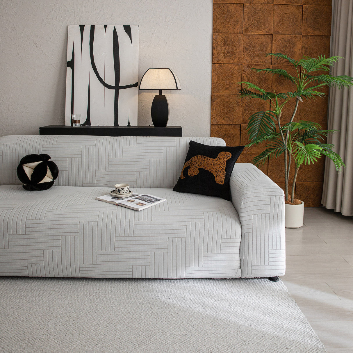 Modern Geometric Jacquard Spandex Slipcover, High Stretch Form Fitting Couch Cover