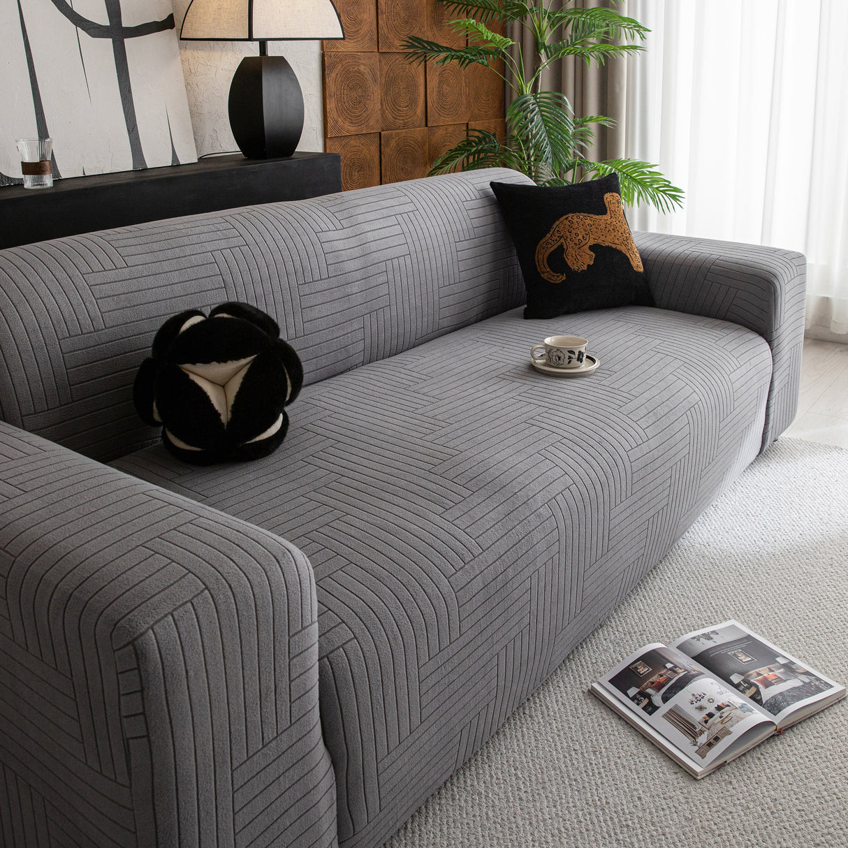 Modern Geometric Jacquard Spandex Slipcover, High Stretch Form Fitting Couch Cover
