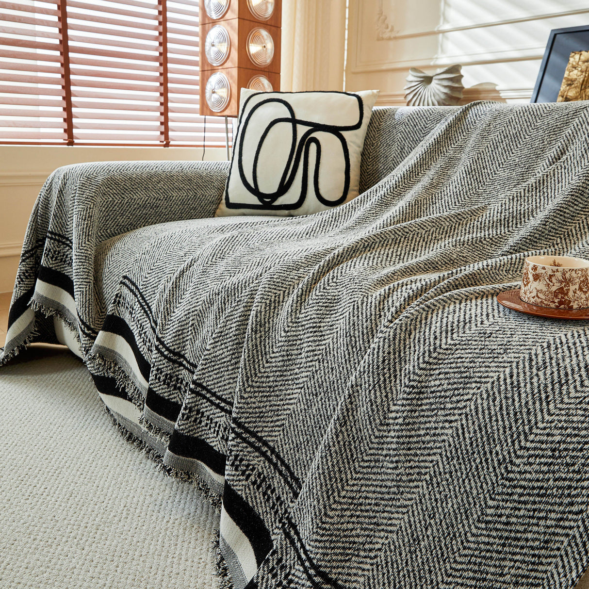 Reversible Herringbone Sofa Cover, 2-in-1 Classic British Throw Blanket for Couch