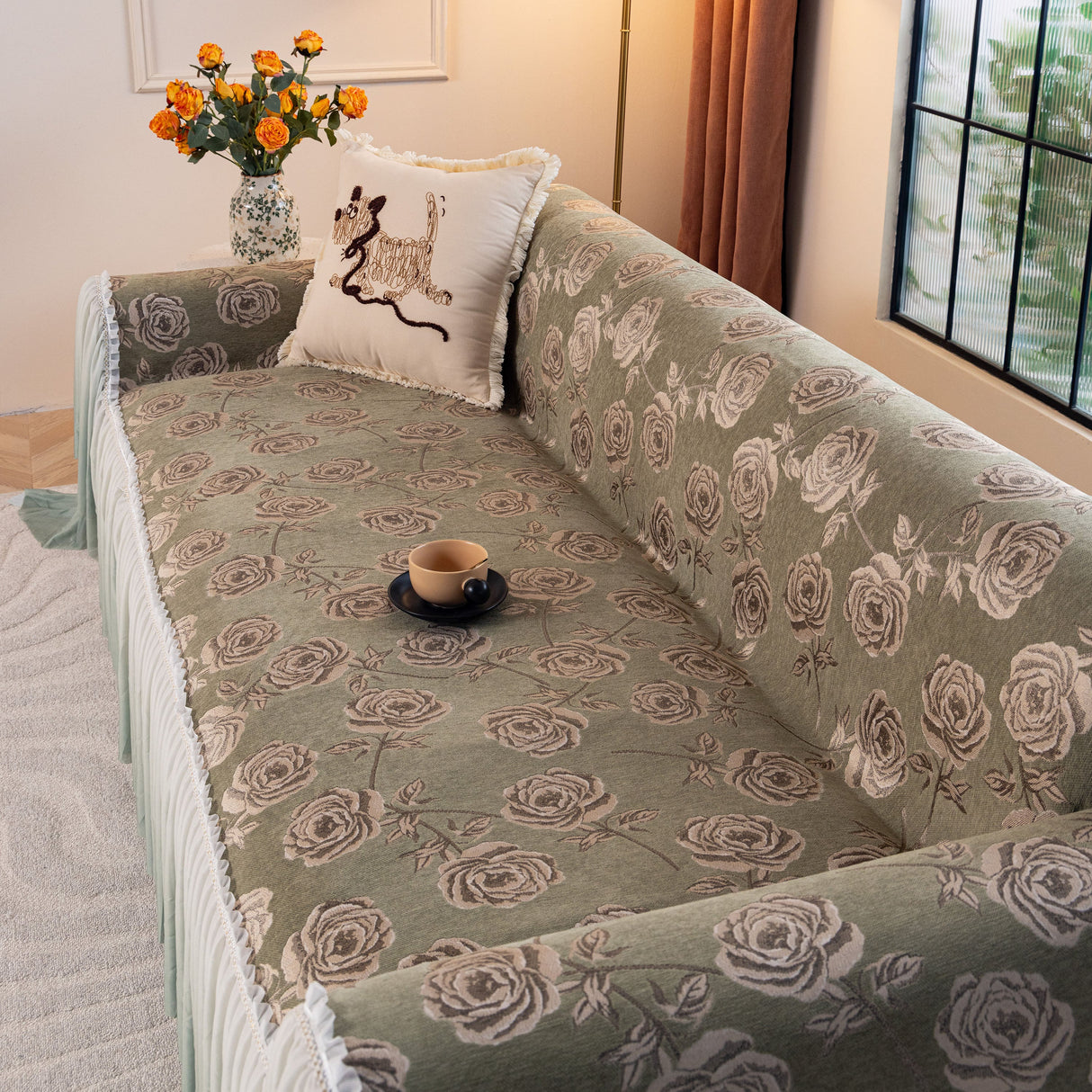 French Country Floral Sofa Cover with Ruffled Skirt, Farmhouse Decor for Living Room