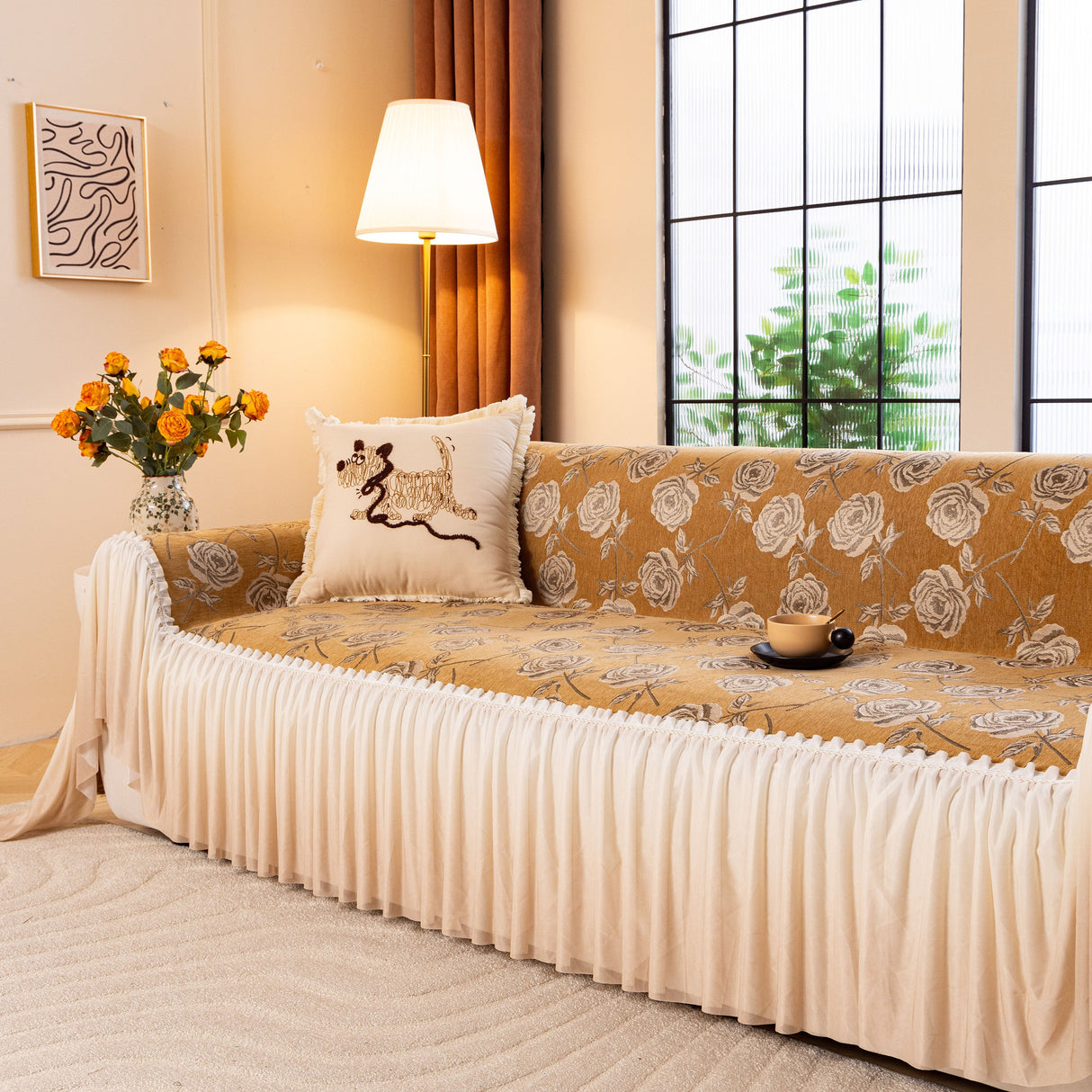 French Country Floral Sofa Cover with Ruffled Skirt, Farmhouse Decor for Living Room