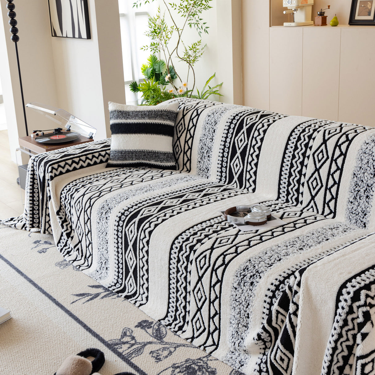 Bohemian Tufted Sofa Cover, Plush Sherpa Throw Blanket with 3D Woven Aztec Stripes