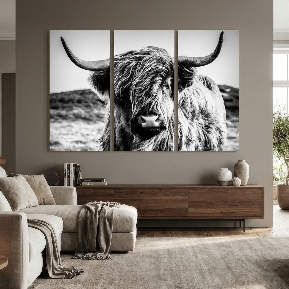 Black and White Scottish Cow Canvas Wall Art Highland Cattle