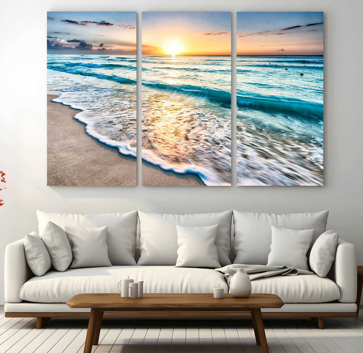 Sunset Beach Waves Canvas Wall Art – 5-Panel Ocean Sunset