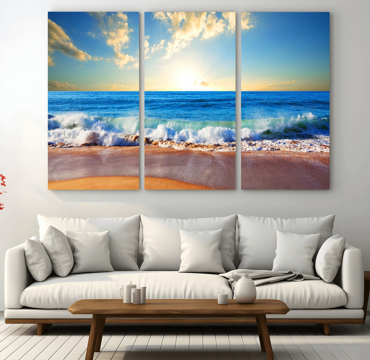Tropical Beach Sunset Canvas Art, Ocean Waves and Sandy