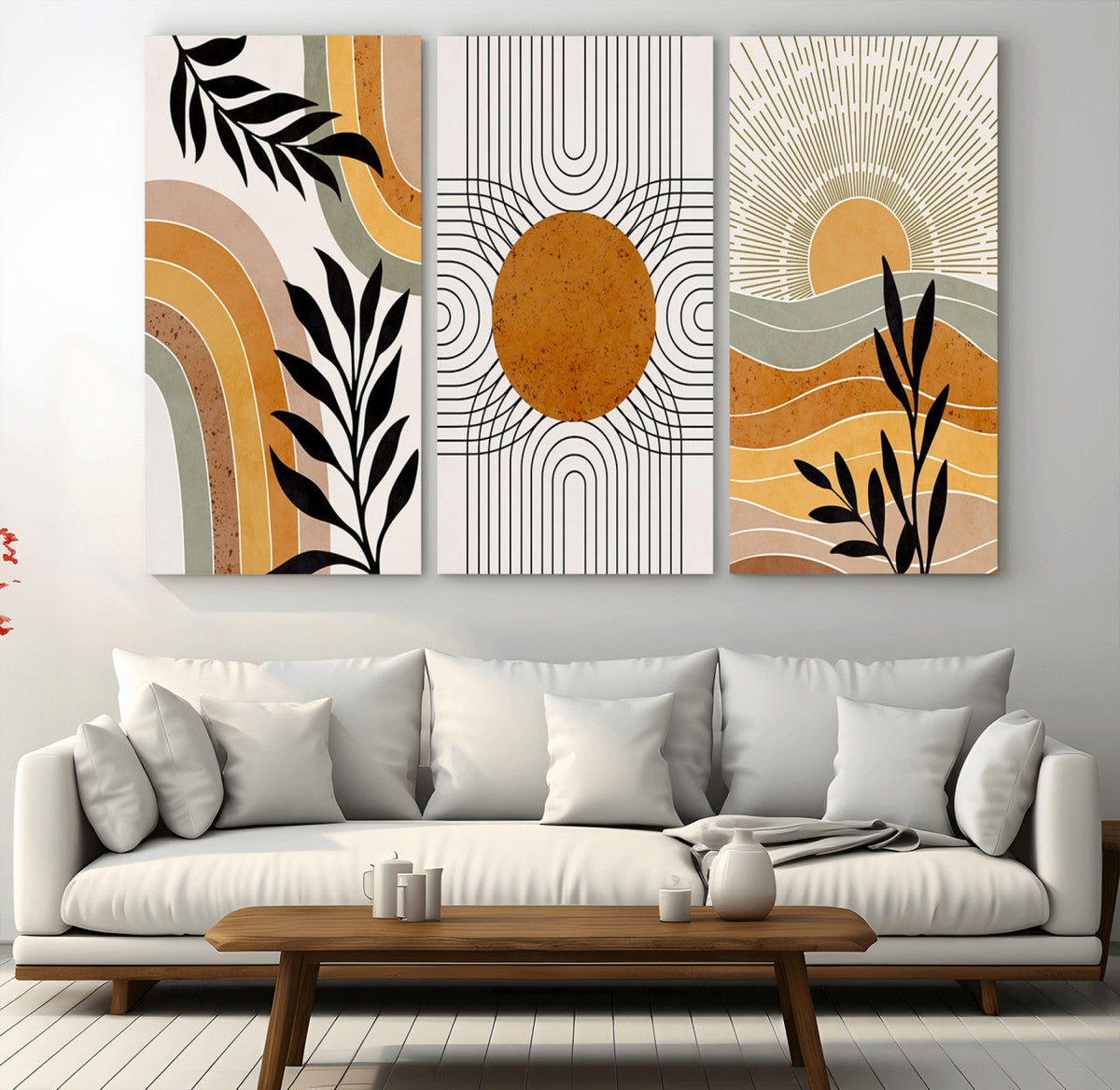 Modern Boho Sun and Leaf Abstract Art – 3-Panel Giclée