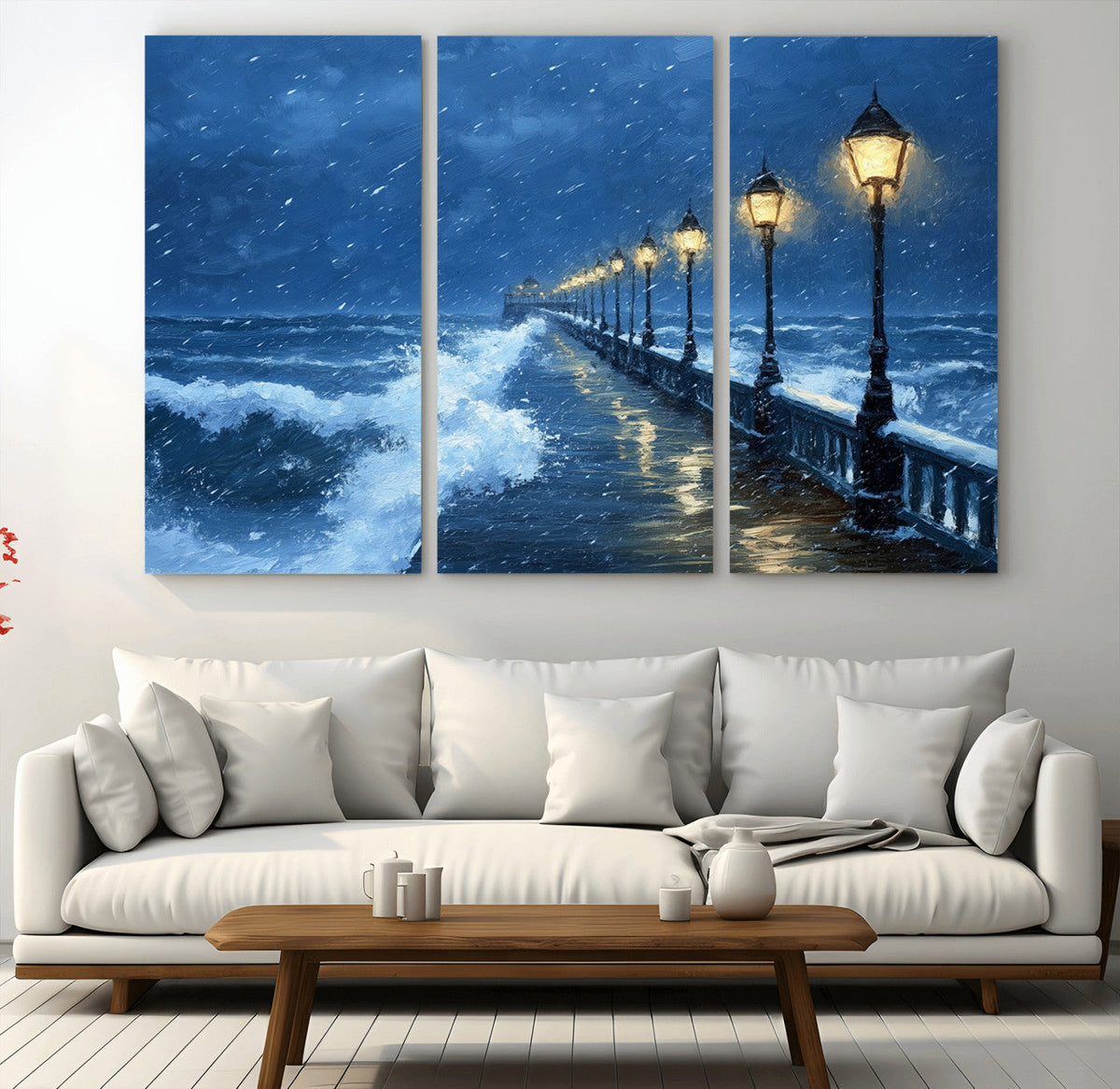Stormy Ocean Pier Lights Canvas Wall Art Print - Large Moody