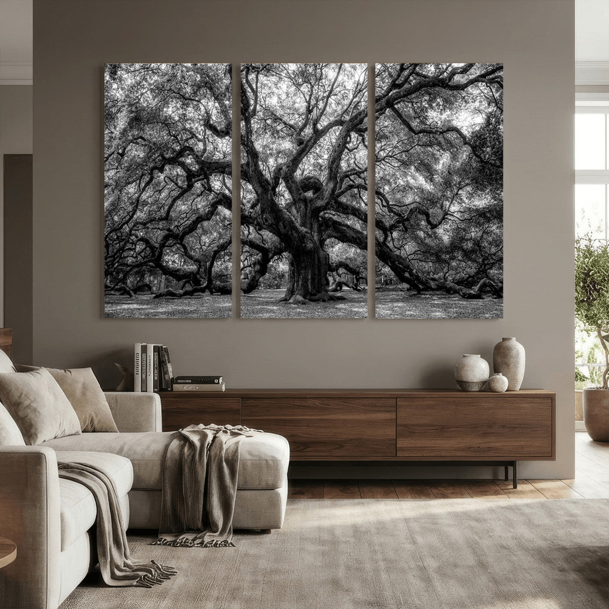 Black and White Old Angel Oak Tree Wall Art Canvas Print